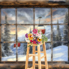 Aperturee - Aperturee Ski Lodge Cabin Window Photography Backdrop Snowy Mountain and Ski Lift View Rustic Winter Holiday Background