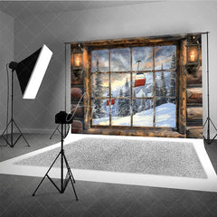 Aperturee - Aperturee Ski Lodge Cabin Window Photography Backdrop Snowy Mountain and Ski Lift View Rustic Winter Holiday Background