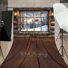 Aperturee - Aperturee Ski Lodge Cabin Window Sweep Backdrop Snowy Mountain and Ski Lift View Rustic Winter Holiday Floor Drop