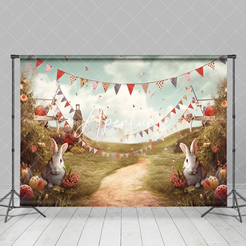Aperturee - Aperturee Sky Green Field Flags Rabbit Floral Easter Backdrop