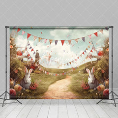 Aperturee - Aperturee Sky Green Field Flags Rabbit Floral Easter Backdrop