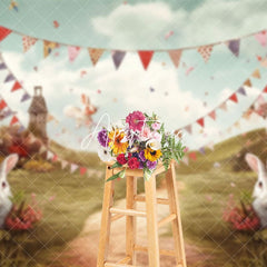 Aperturee - Aperturee Sky Green Field Flags Rabbit Floral Easter Backdrop