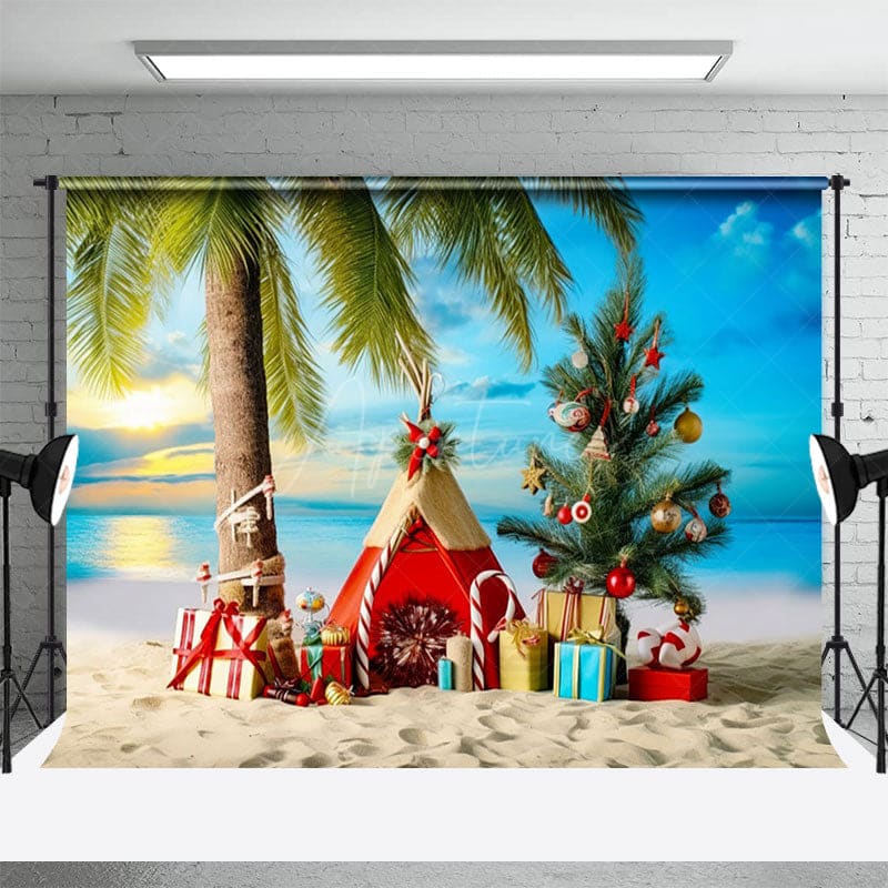 Aperturee - Aperturee Sky Sunset Coconut Tree Christmas In July Backdrop