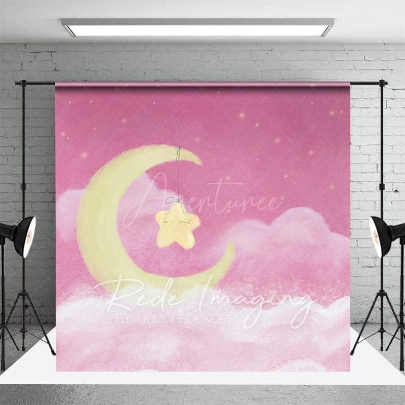 Aperturee - Aperturee Sleep Tight Pink Moon Birthday Cake Smash Backdrop