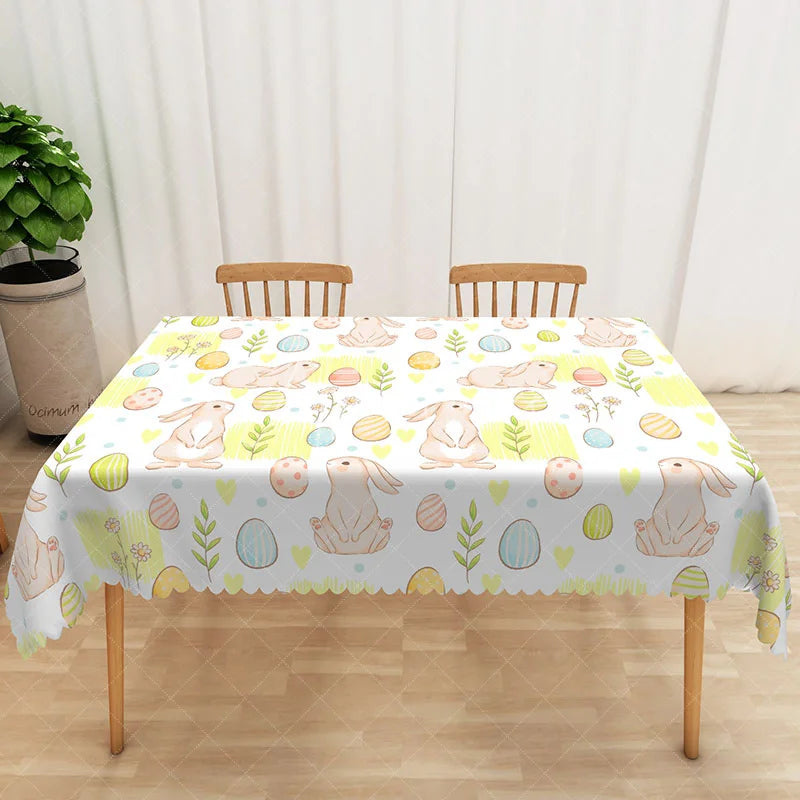 Aperturee - Aperturee Sleeping Bunny Easter Egg Rectangle Tablecloth Pastel Rabbit Spring Table Cover Cute Baby Shower Decor