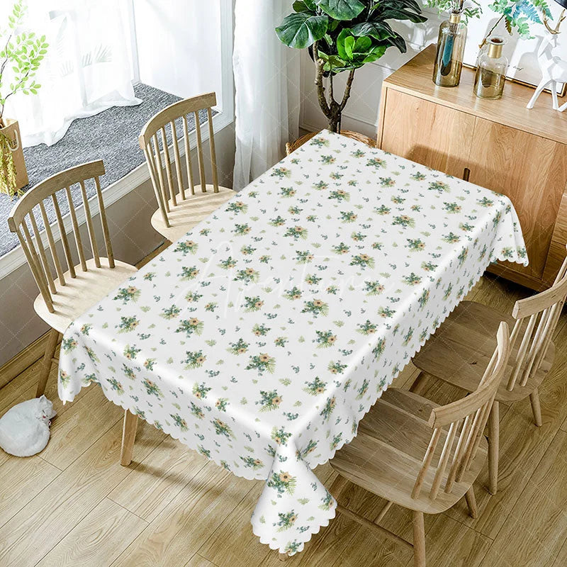 Aperturee - Aperturee Small Yellow Flower Green Leaf Rectangle Tablecloth Ditsy Floral White Background Cute Summer Dining Table Cover
