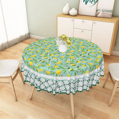 Aperturee - Aperturee Small Yellow Lemons and White Flowers Round Tablecloth Fresh Citrus Branch Kitchen Decor