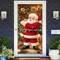 Aperturee - Aperturee Smiling Santa Claus and Decorated Christmas Tree with Presents Holiday Door Cover Festive Winter Decor