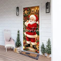 Aperturee - Aperturee Smiling Santa Claus and Decorated Christmas Tree with Presents Holiday Door Cover Festive Winter Decor