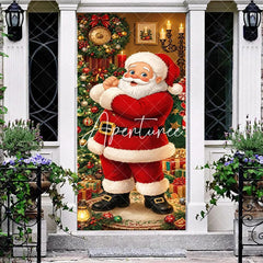 Aperturee - Aperturee Smiling Santa Claus and Decorated Christmas Tree with Presents Holiday Door Cover Festive Winter Decor