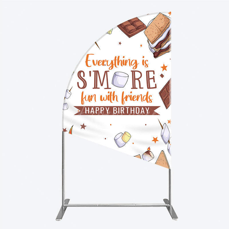 Aperturee - Aperturee S’more Fun Birthday Half Moon Arch Backdrop Camping Campfire and Marshmallow Theme Outdoor Party Photo Booth Decor