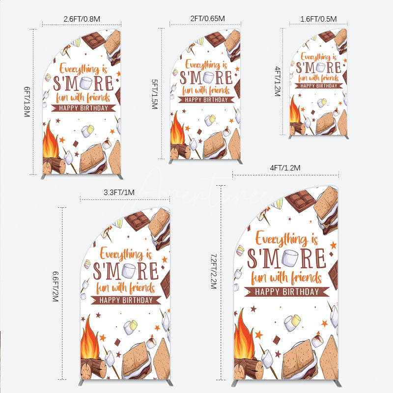 Aperturee - Aperturee S’more Fun Birthday Half Moon Arch Backdrop Camping Campfire and Marshmallow Theme Outdoor Party Photo Booth Decor