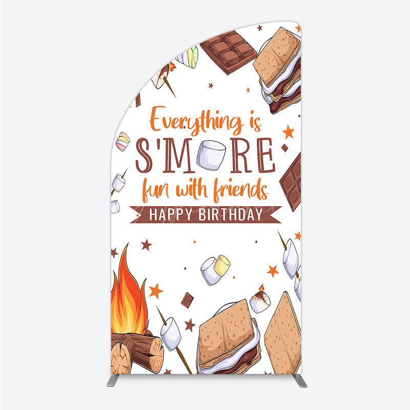 Aperturee - Aperturee S’more Fun Birthday Half Moon Arch Backdrop Camping Campfire and Marshmallow Theme Outdoor Party Photo Booth Decor
