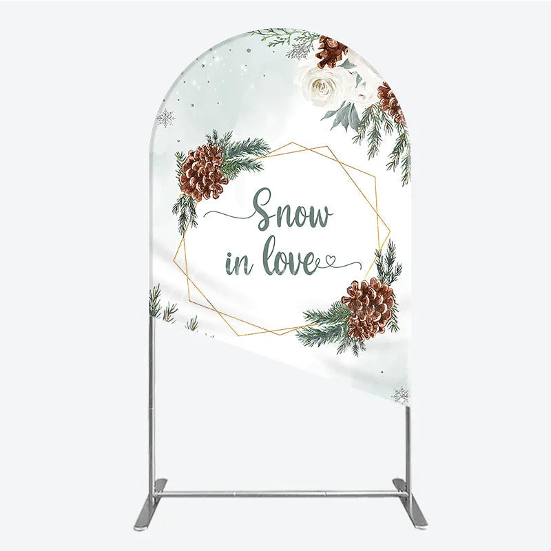 Aperturee - Aperturee Snow in Love Arch Backdrop for Winter Wedding Bridal Shower with Pinecones White Roses and Snowflakes Decor