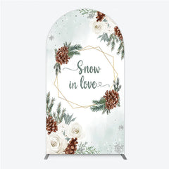 Aperturee - Aperturee Snow in Love Arch Backdrop for Winter Wedding Bridal Shower with Pinecones White Roses and Snowflakes Decor