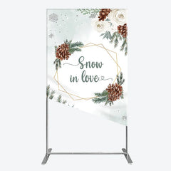 Aperturee - Aperturee Snow in Love Rectangle Backdrop for Winter Wedding Bridal Shower with Pinecones White Roses and Snowflakes Decor