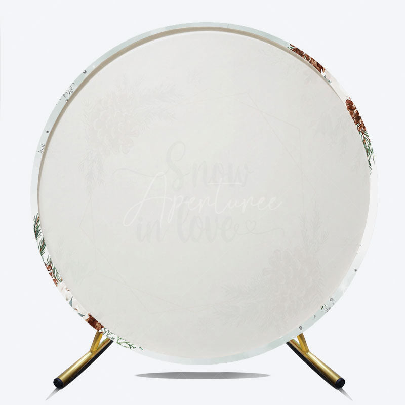Aperturee - Aperturee Snow in Love Round Backdrop for Winter Wedding Bridal Shower with Pinecones White Roses and Snowflakes Decor