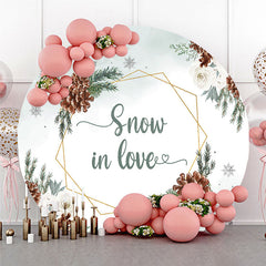Aperturee - Aperturee Snow in Love Round Backdrop for Winter Wedding Bridal Shower with Pinecones White Roses and Snowflakes Decor