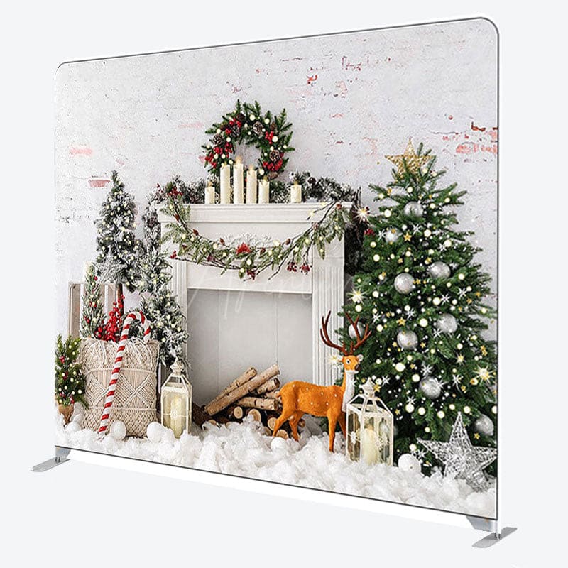 Aperturee - Aperturee Snow Tree Elk Brick Fireplace Christmas Backdrop