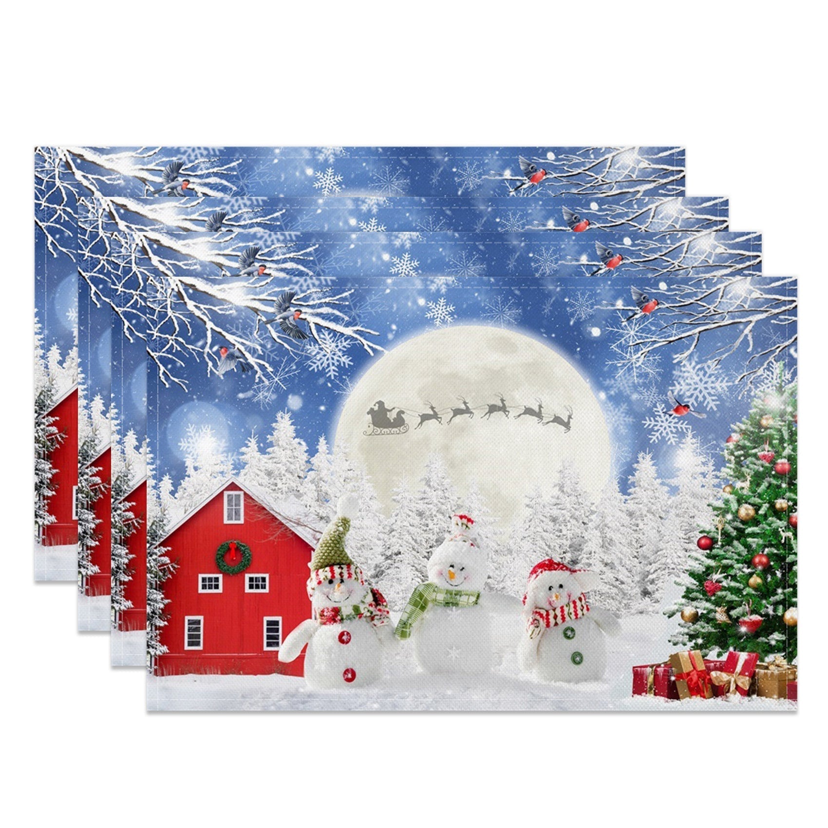 Aperturee - Aperturee Snowman Moon Pine Forest Christmas Set Of 4 Placemats