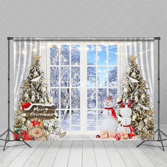 Aperturee - Aperturee Snowman Window White Snow World Christmas Backdrop
