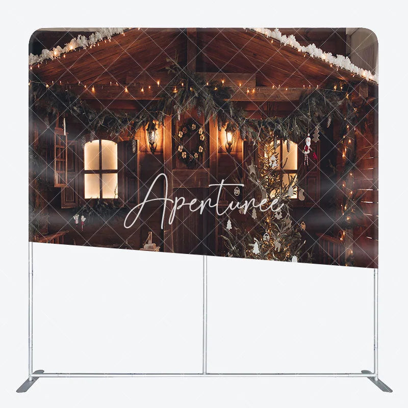 Aperturee - Aperturee Snowy Brown Wood House Christmas Pillow Case Backdrop