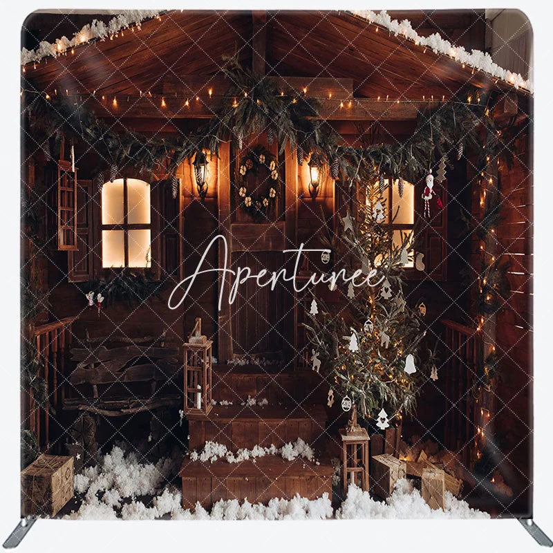 Aperturee - Aperturee Snowy Brown Wood House Christmas Pillow Case Backdrop
