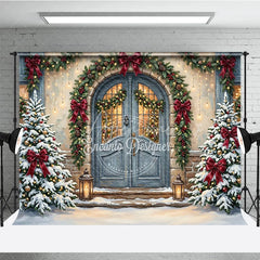 Aperturee - Aperturee Snowy Christmas Trees and Red Bows Holiday Backdrop Festive Winter Entrance with Cozy Lanterns