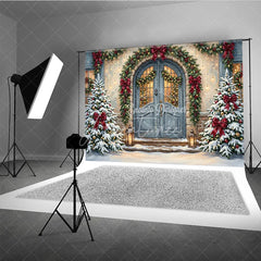 Aperturee - Aperturee Snowy Christmas Trees and Red Bows Holiday Backdrop Festive Winter Entrance with Cozy Lanterns