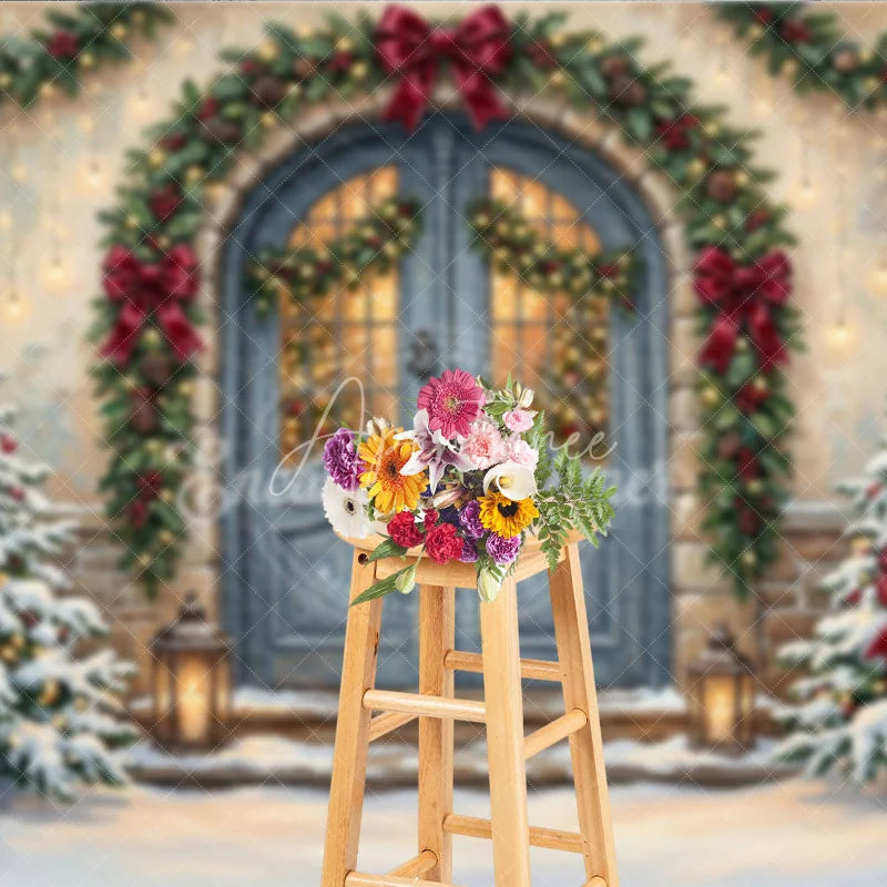 Aperturee - Aperturee Snowy Christmas Trees and Red Bows Holiday Backdrop Festive Winter Entrance with Cozy Lanterns