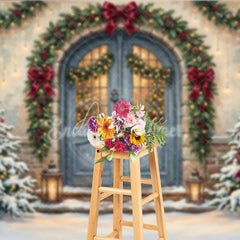 Aperturee - Aperturee Snowy Christmas Trees and Red Bows Holiday Backdrop Festive Winter Entrance with Cozy Lanterns