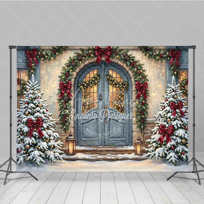 Aperturee - Aperturee Snowy Christmas Trees and Red Bows Holiday Backdrop Festive Winter Entrance with Cozy Lanterns