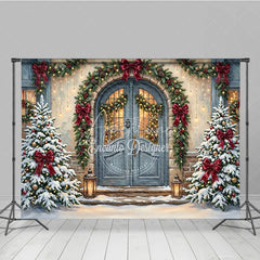 Aperturee - Aperturee Snowy Christmas Trees and Red Bows Holiday Backdrop Festive Winter Entrance with Cozy Lanterns