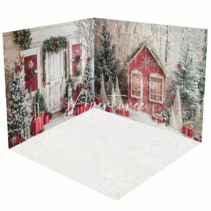 Aperturee - Aperturee Snowy Forest Field Cabin Christmas Room Set Backdrop