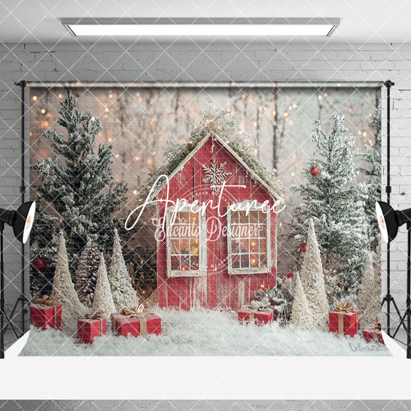 Aperturee - Aperturee Snowy Forest Field Cabin Christmas Room Set Backdrop