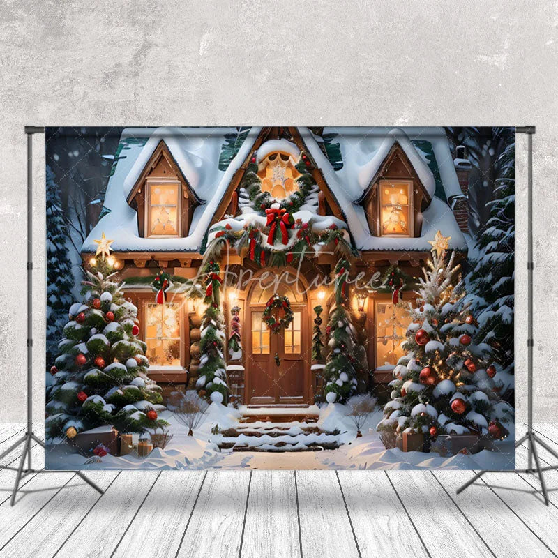 Aperturee - Aperturee Snowy House Pine Leaves Trees Christmas Backdrop