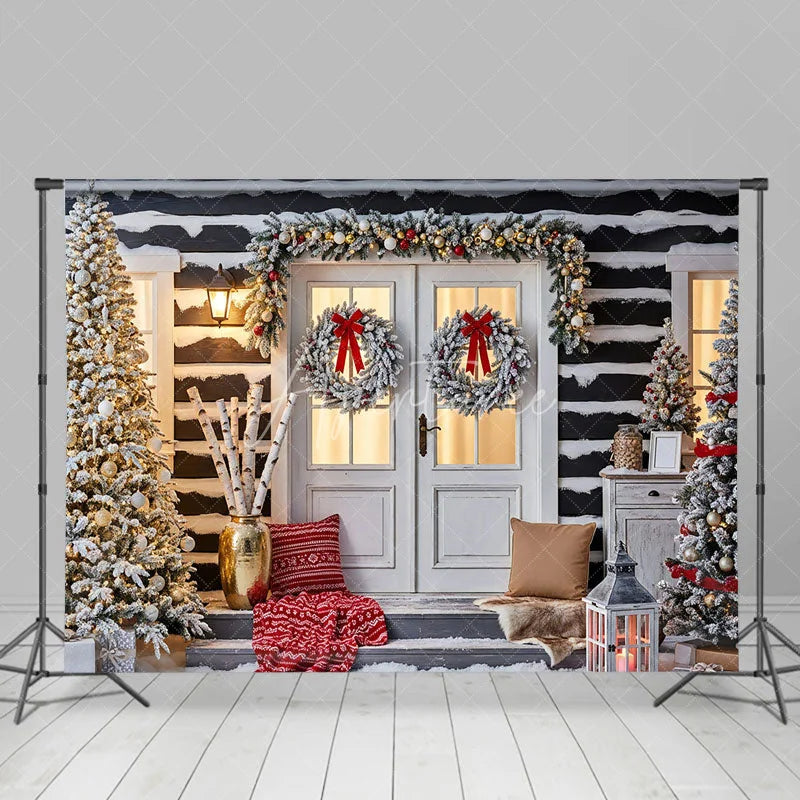 Aperturee - Aperturee Snowy Log Cabin Christmas Backdrop White Double Doors with Wreaths Winter Xmas Trees Porch Photo Props