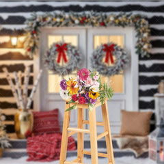 Aperturee - Aperturee Snowy Log Cabin Christmas Backdrop White Double Doors with Wreaths Winter Xmas Trees Porch Photo Props