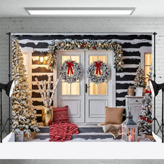 Aperturee - Aperturee Snowy Log Cabin Christmas Backdrop White Double Doors with Wreaths Winter Xmas Trees Porch Photo Props