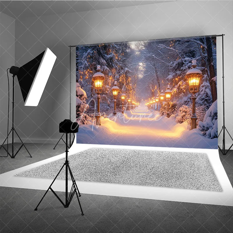 Aperturee - Aperturee Snowy Pathway Winter Backdrop Enchanted Forest Wonderland Photo Booth Christmas Holiday Portrait Studio Decor
