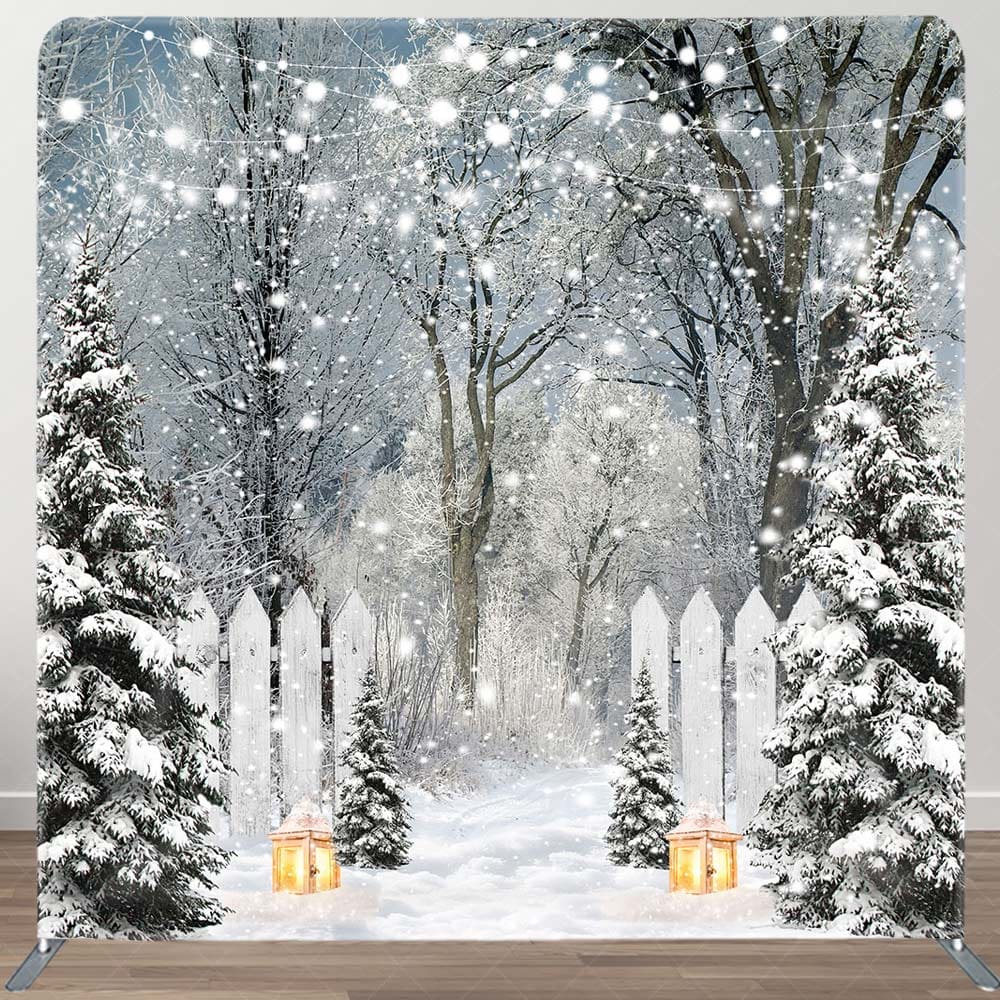 Aperturee - Aperturee Snowy Pine Forest Lights Tension Fabric Backdrop