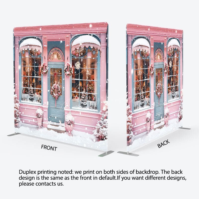 Aperturee - Aperturee Snowy Pink Blue House Winter Pillow Cover Backdrop