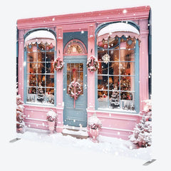 Aperturee - Aperturee Snowy Pink Blue House Winter Pillow Cover Backdrop