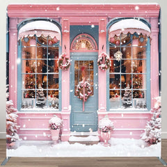Aperturee - Aperturee Snowy Pink Blue House Winter Pillow Cover Backdrop