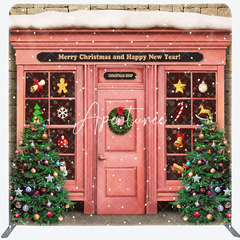 Aperturee - Aperturee Snowy Pink Christmas Shop Square Arch Fabric Backdrop