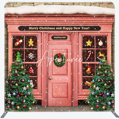 Aperturee - Aperturee Snowy Pink Christmas Shop Square Arch Fabric Backdrop