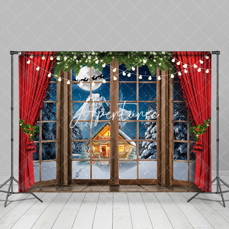 Aperturee - Aperturee Snowy Wild Cabin Night Red Curtain Window Backdrop
