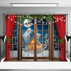 Aperturee - Aperturee Snowy Wild Cabin Night Red Curtain Window Backdrop