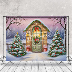 Aperturee - Aperturee Snowy Wild Field Pine Trees House Christmas Backdrop