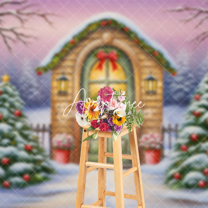 Aperturee - Aperturee Snowy Wild Field Pine Trees House Christmas Backdrop